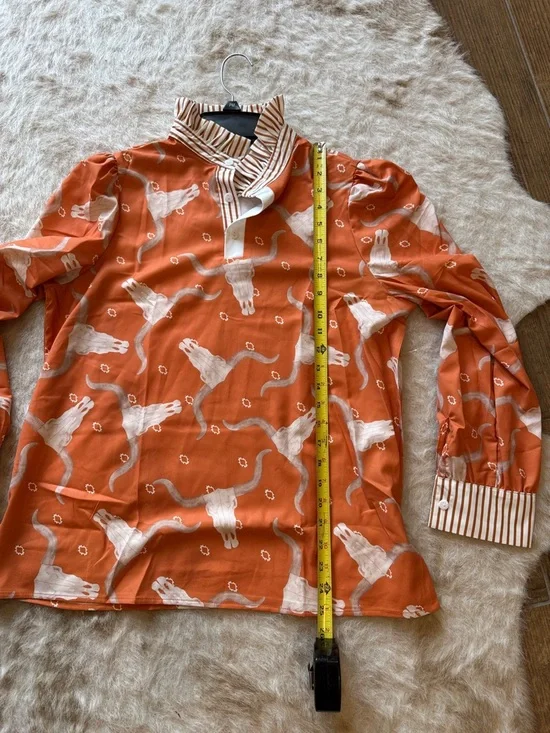 Orange Printed Longhorn Button-Down Blouse - Picture 7 of 7